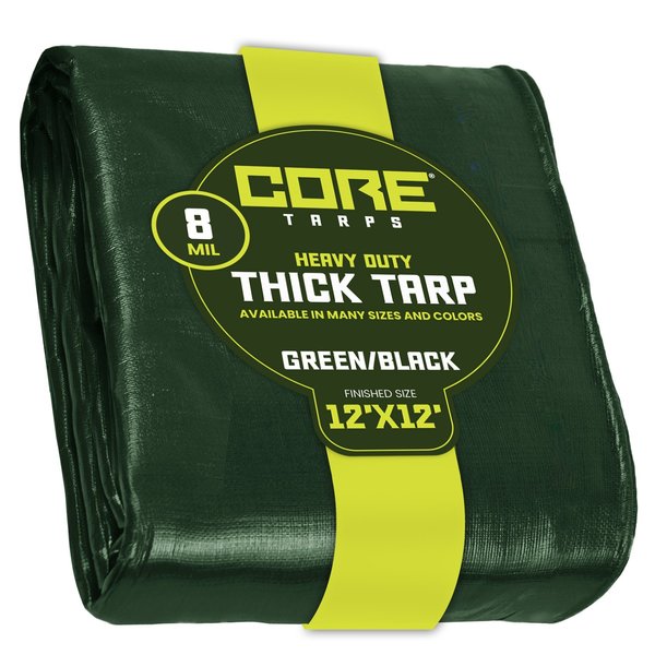 Core Tarps 12 ft L x 0.5 mm H x 12 ft W Heavy Duty 8 Mil Tarp, Green/Black, Polyethylene CT-403-12X12